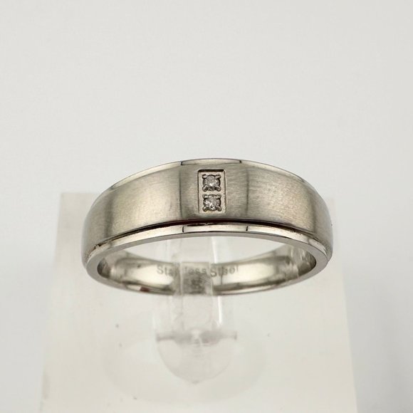 His and Hers Stainless Steel Diamond Wedding Band Set (Size 5 & Size 10) - Picture 3 of 7